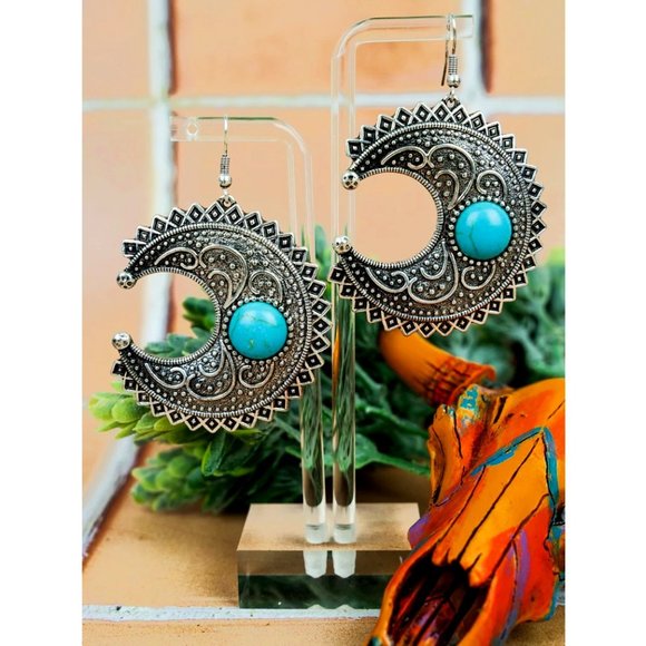 Wildflowers Jewelry - Earrings. Crescent Moon Shaped. Burnished Silver. Turquoise Stones. Pierced. NWT